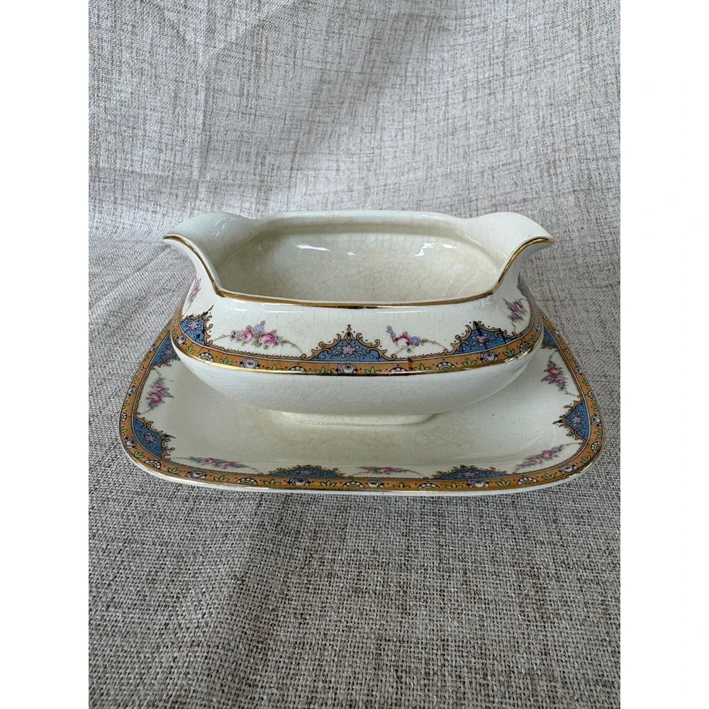 Carrollton China Gravy Boat OS Cream Good Antique Floral Gold Trim
